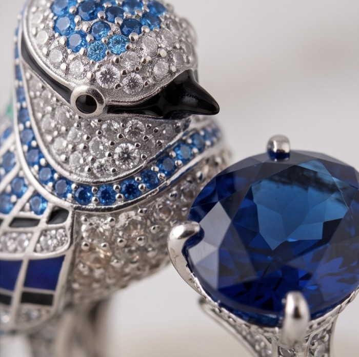 Blue Bird 6.8 carat genuine Sapphire .925 Sterling Silver dipped in Rhodium Ring size 7 - Close-up of Blue Bird Sapphire in .925 Sterling Silver, gemstone detail.