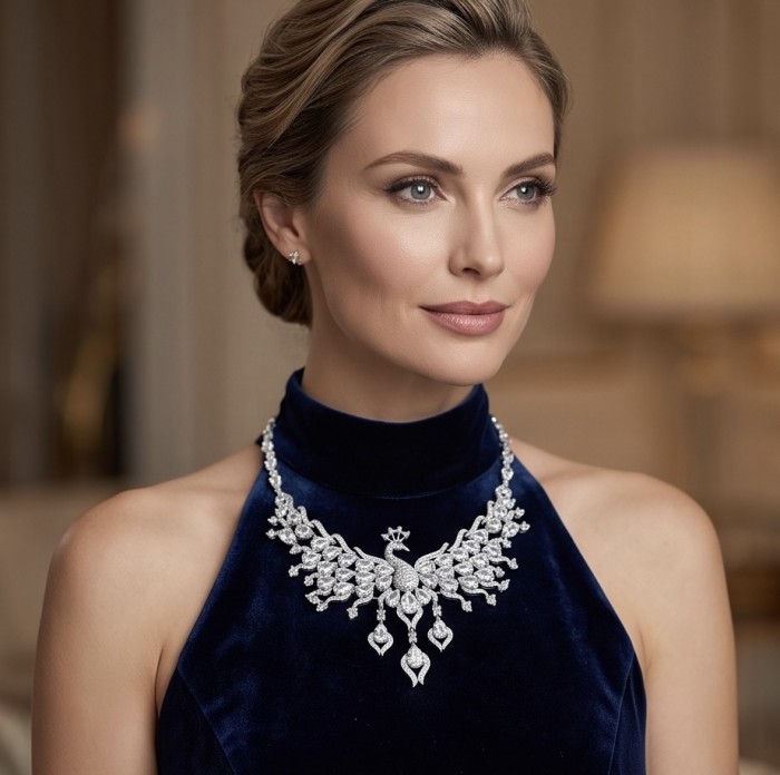55.2 carat Graceful Swan Natural White Topaz rhodium over .925 Sterling Silver handcrafted Statement necklace - Woman wearing a Graceful Swan white topaz necklace, front view.