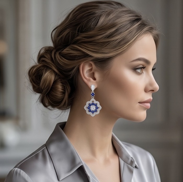Art Deco - Authentic 4.5 carat Sapphire rhodium over .925 Sterling Silver handcrafted earrings - Side view of Art Deco earrings with 4.5 carat sapphire, worn on ear.