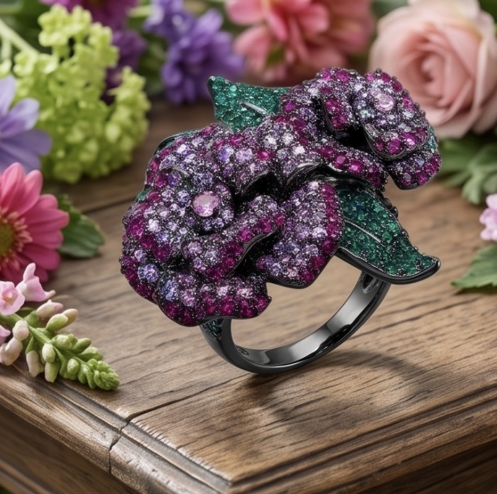 Wild Roses Authentic 3.5 carat pave Ruby 1.9 carat Emerald .925 Sterling Silver brilliantly dipped in black rhodium handcrafted Statement ring; s. 8 1/4 - Ornate wild roses ring with rubies and emeralds on wooden surface