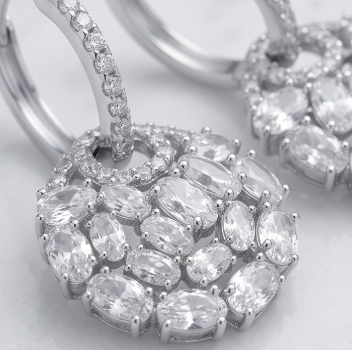 Elizabeth Natural 12.2 carat Moissanite .925 Sterling Silver handcrafted earrings - Close-up of Elizabeth 12.2 carat Moissanite in .925 Sterling Silver