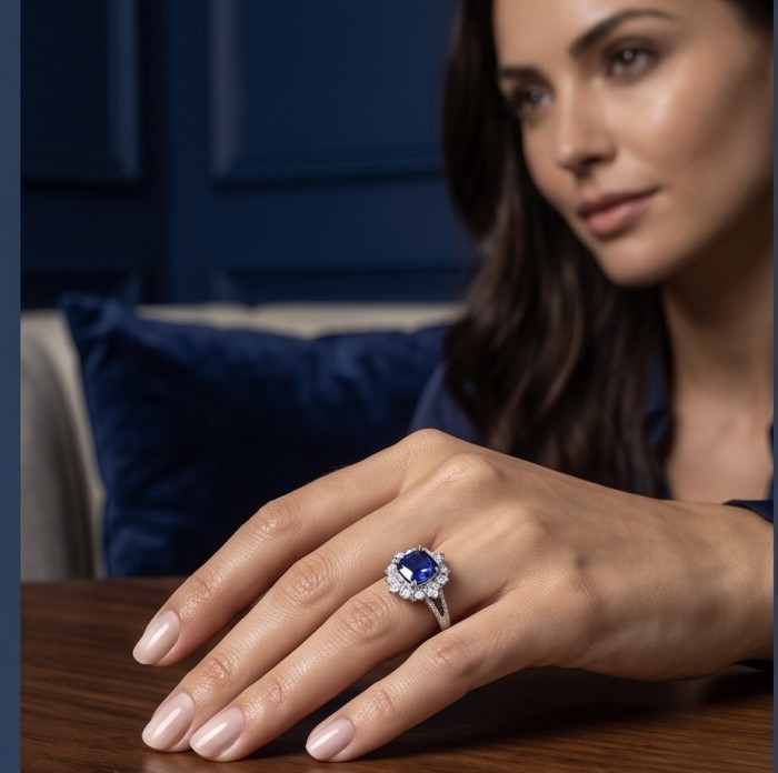 Classy design - princess cut 3.2 carat natural Sapphire .925 Sterling Silver Perfectly handcrafted Ring s. 7 1/2 - Sapphire ring worn on hand showcasing princess cut and diamond accents.