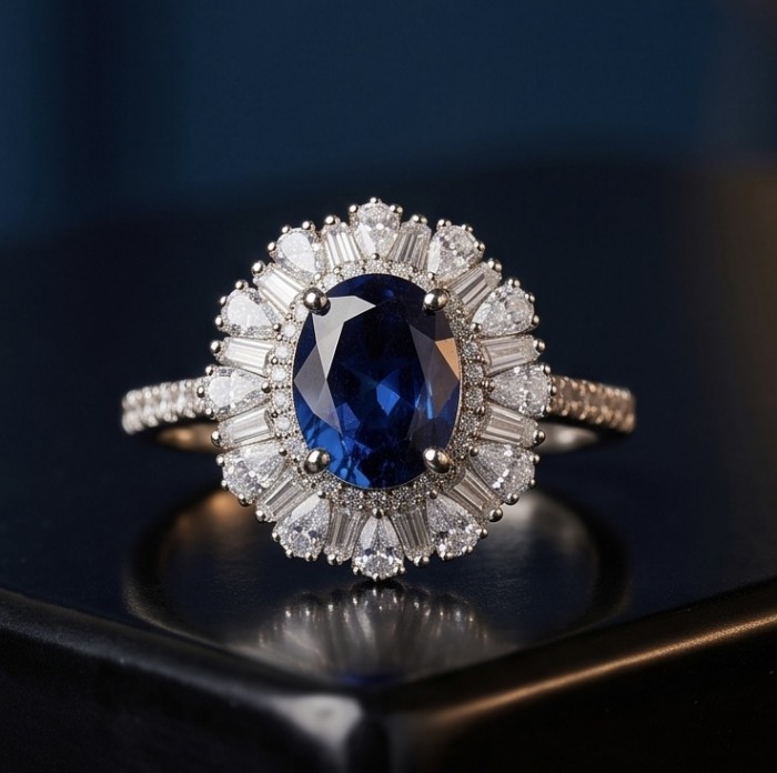 Authentic 4.9 carat Sapphire Moissanite .925 Sterling Silver handcrafted Ring size 5 - Close-up of sapphire and moissanite ring on a dark surface