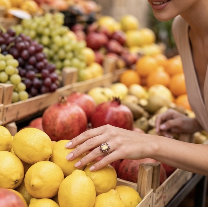 Costa del Sol 17.8 carat Genuine Lemon Quartz rhodium over .925 Sterling Silver handcrafted ring size 8 - Lemon Quartz ring worn on hand while selecting lemons at a market.
