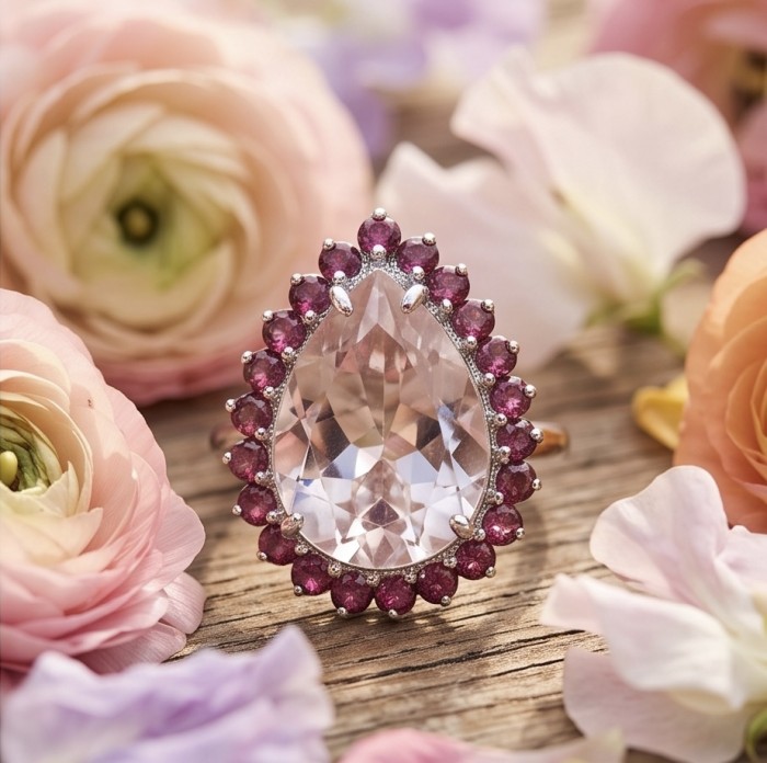 Nirvana Natural Fancy pear cut 15.8 carat White Topaz .925 Sterling Silver dipped in rhodium handmade Statement Ring size 8 - Close-up of a pear-cut white topaz ring surrounded by pink flowers