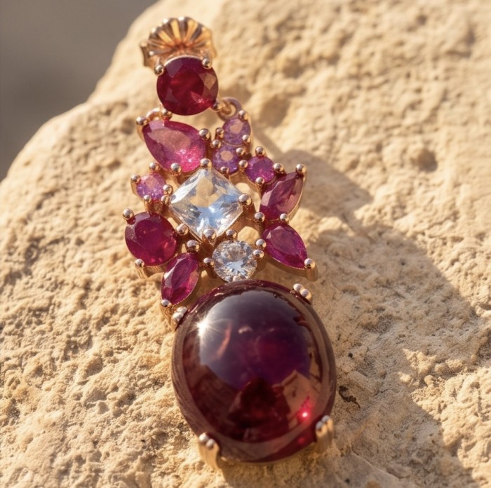 Extravaganza - 12.8 ctw Ruby 22K Rose Gold over .925 Sterling Silver handcrafted Statement handcrafted earrings - Ruby and gemstone pendant close-up on textured stone background.