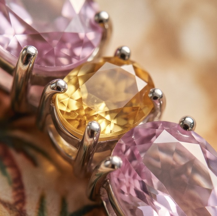 Incredible pear cut 15.8 carat Pink Topaz Rhodium over .925 Sterling Silver handcrafted pendant - Close-up of pink and yellow faceted gemstones in prong settings.