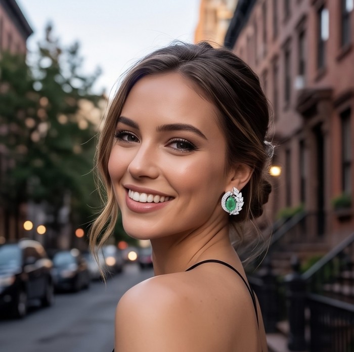 Luxurious - 7.2 carat Colombian Emerald .925 Sterling Silver dipped in rhodium handmade Statement Earrings - Emerald earrings worn, side angle view.
