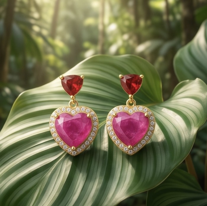 Genuine 5.4 carat Ruby 14K Gold over .925 Sterling Silver handcrafted Statement Earrings - Heart-shaped ruby earrings on leaf, front view, gold and diamond setting.