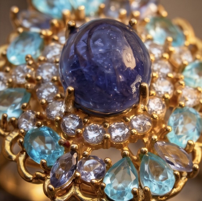 Emily oval cut 5.7 carat Authentic Tanzanite 22K Gold over .925 Sterling Silver handmade Statement ring size 8 - Stone close-up of Emily oval cut Tanzanite in 22K gold setting