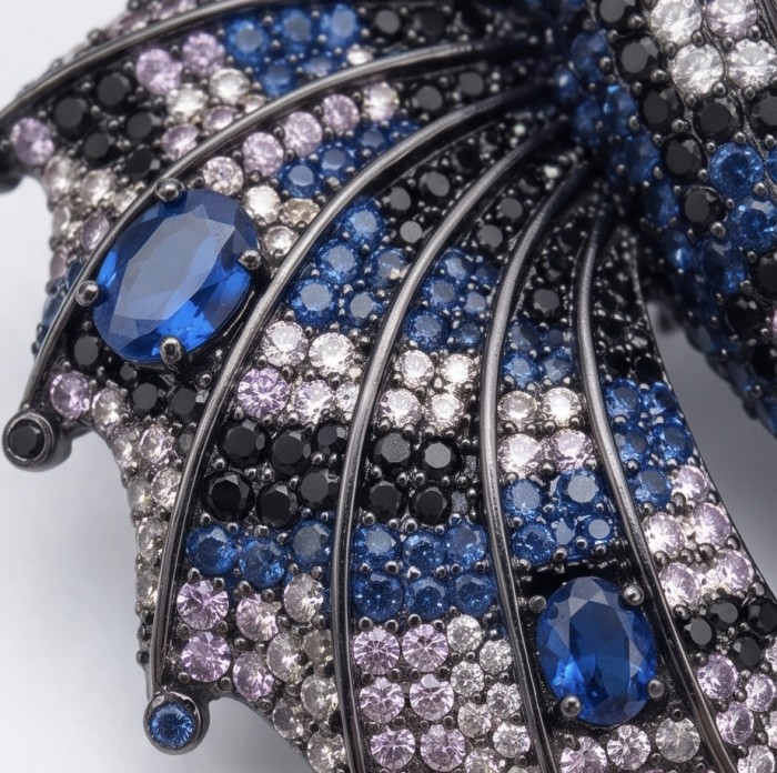 Flying Fish genuine 17.5 CARAT Sapphire black rhodium over .925 Sterling Silver handmade Brooch - Close-up of Flying Fish sapphire jewelry with black rhodium detailing
