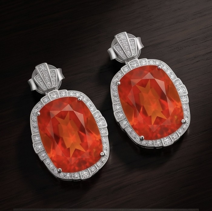 Vivid Energy 14.4 ctw Red Topaz .925 Sterling Silver handcrafted Statement earrings - Elegant red topaz earrings on dark wood background, top view.