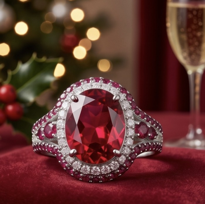 Exquisite 6.5 ctw Mozambique Ruby .925 Sterling Silver handcrafted Statement Ring size 6 1/4 - Close-up of Mozambique ruby ring on red velvet background.