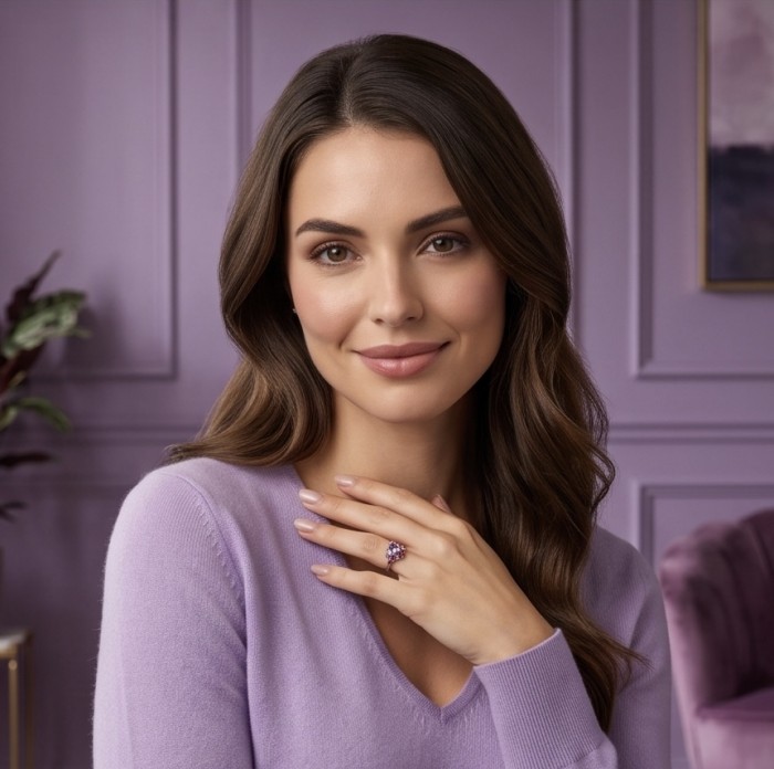 3.9 carat Amethyst rhodium over .925 Sterling Silver HUGE Ring s. 8 3/4 - Woman wearing 3.9 carat amethyst ring on her hand, purple background.