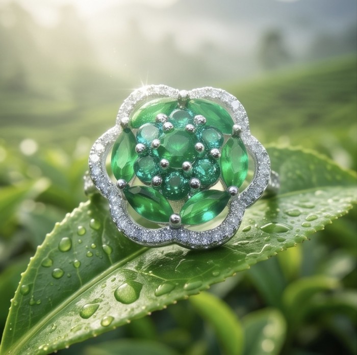 4.8 carat authentic Tsavorite Garnet .925 Sterling Silver handcrafted Statement Ring s. 7 - Tsavorite Garnet sterling silver ring close-up on dewy leaf.