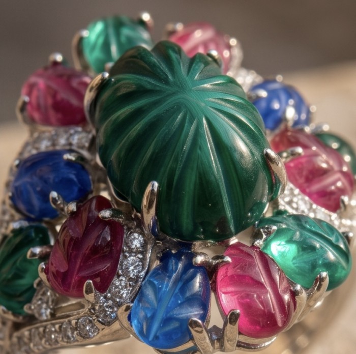 Giovanna 15.5 carat Emerald Ruby Sapphire rhodium over .925 Sterling Silver handcrafted ring size 7 1/2 - Stone close-up of Giovanna 15.5 ct Emerald Ruby Sapphire ring