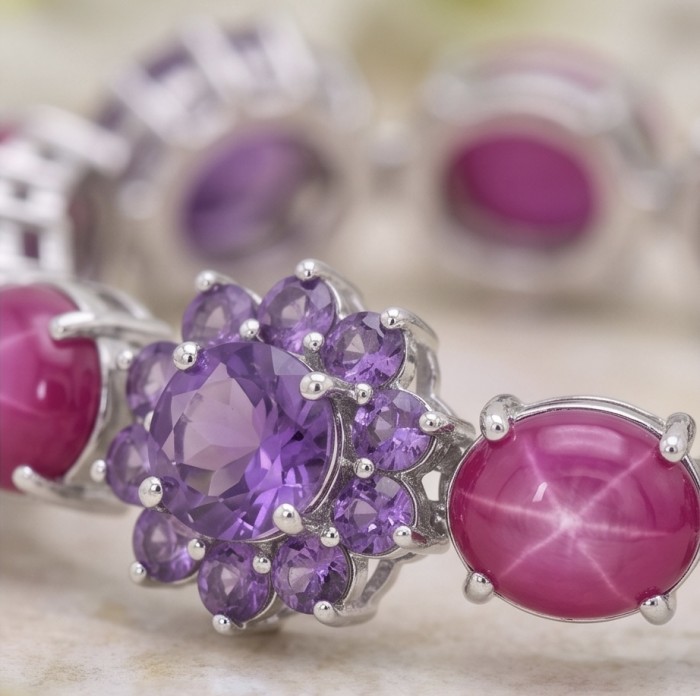 Bella Rosa - 14.4 carat authentic Mozambique Ruby 12.1 carat Amethyst .925 Sterling Silver dipped in rhodium Gold handcrafted Bracelet - Close-up of Bella Rosa bracelet with ruby and purple stones.