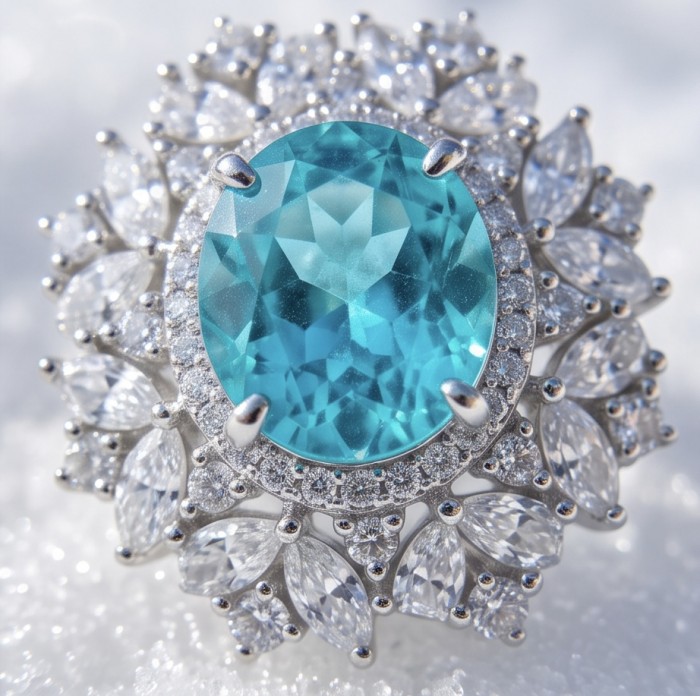 Elizabeth 6.4 carat Paraiba Tourmaline 7.2 carat Moissanite .925 Sterling Silver Handcrafted Ring size 6 - Close-up of Elizabeth paraiba tourmaline and moissanite ring.