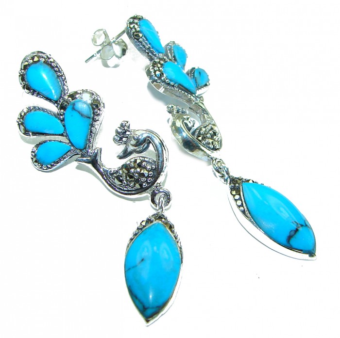 Great authentic inlay Turquoise .925 Sterling Silver handcrafted Earrings - photo 3