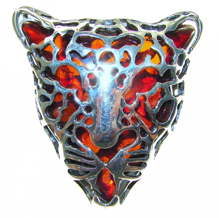 Precious Cheetah Baltic Amber .925 Sterling Silver handmade Large ring size 9 adjustable - Silver cheetah head pendant with amber detail, front view.