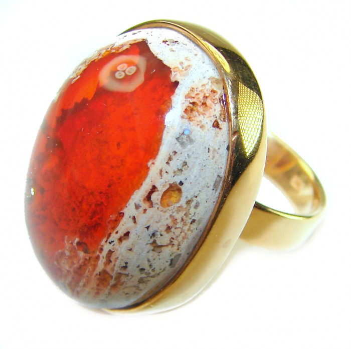 Queen of Fire best quality 28.4 carat Mexican Opal .925 Sterling Silver handmade ring 6 adjustable - Stone close-up of 28.4 carat Mexican Opal ring in .925 silver setting