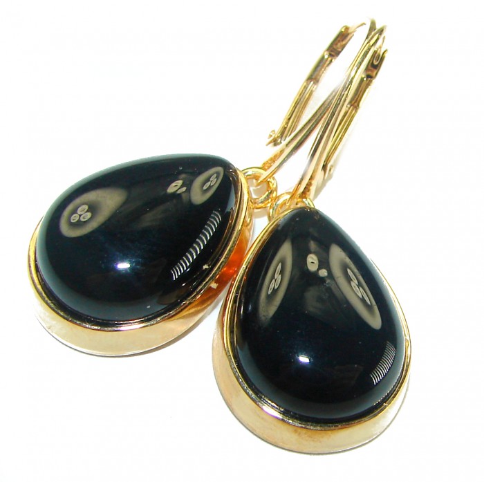 Outstanding authentic Onyx 14K Gold over .925 Sterling Silver Earrings - Onyx earrings in 14K gold over sterling silver, front view close-up.