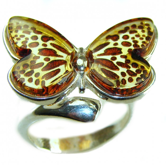 Butterfly Authentic carved Baltic Amber .925 Sterling Silver handcrafted ring; s. 8 adjustable - Butterfly amber ring in sterling silver, top view close-up.