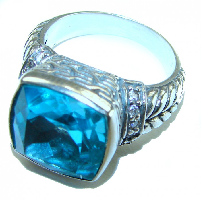 Seaside 15.5 carat authentic Swiss Blue Topaz .925 Sterling Silver handmade Statement Ring size 7 1/4 - Side view of Swiss Blue Topaz ring with intricate silver band design