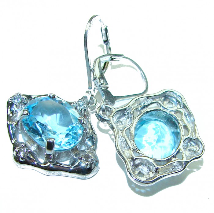 Pacifica 7.5 carat authentic Blue Topaz .925 Sterling Silver Handcrafted Earrings - Blue Topaz earrings, sterling silver, close-up of stones and clasps.