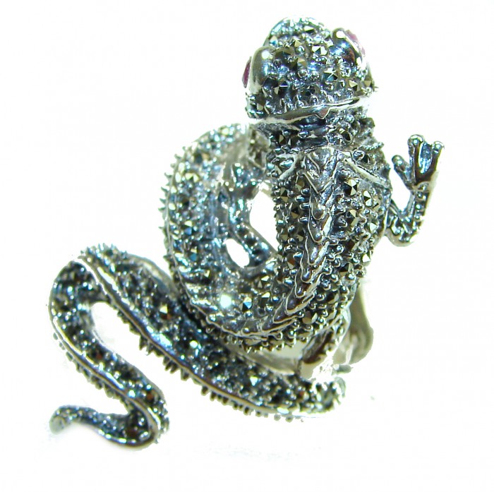 Lizard Natural Marcasite Ruby .925 Statement Sterling Silver ring size 8 - Side view of lizard-shaped marcasite and ruby sterling silver jewelry.
