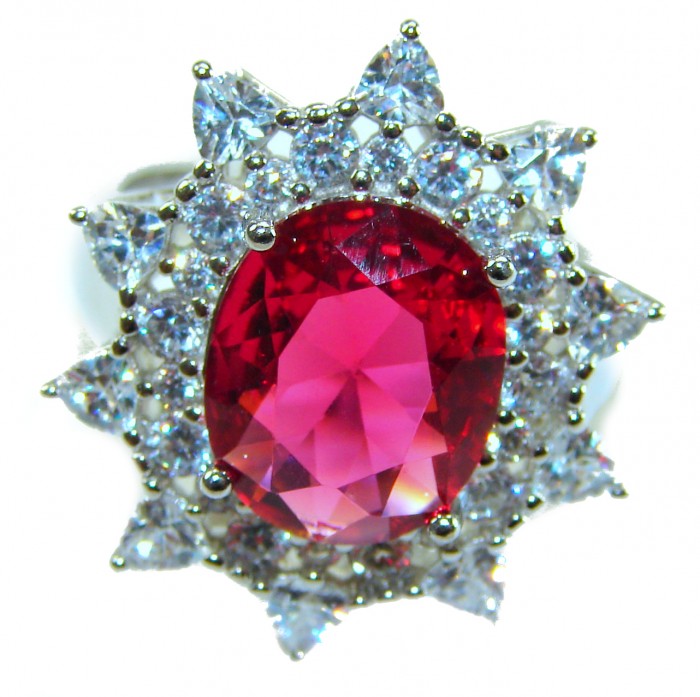 Spectacular Authentic 9.3 carat Ruby .925 Sterling Silver handmade Cocktail Ring s. 7 1/4 - Close-up of 9.3 carat ruby ring with .925 sterling silver setting.