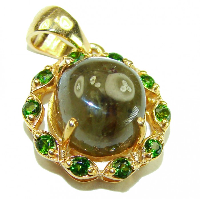 Deluxe 10.2 carat Grandidierite 18k Gold over .925 Sterling Silver handmade Pendant - Gold pendant with Grandidierite and green stones, close-up angle.