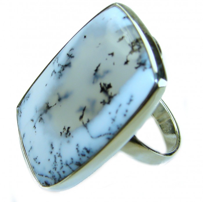 LARGE Top Quality Dendritic Agate .925 Sterling Silver handcrafted Ring s. 7 adjustable - Close-up of dendritic agate ring in sterling silver setting.