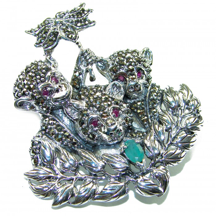 Three Monkeys - Spectacular - Ruby Marcasite .925 Sterling Silver handmade Brooch - Front view of monkey brooch with rubies and marcasite in sterling silver.