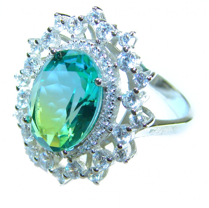 Eau Pure 15.5 carat Paraiba Tourmaline .925 Sterling Silver Handcrafted Ring size 8 1/4 - Close-up of Eau Pure Paraiba Tourmaline ring in sterling silver