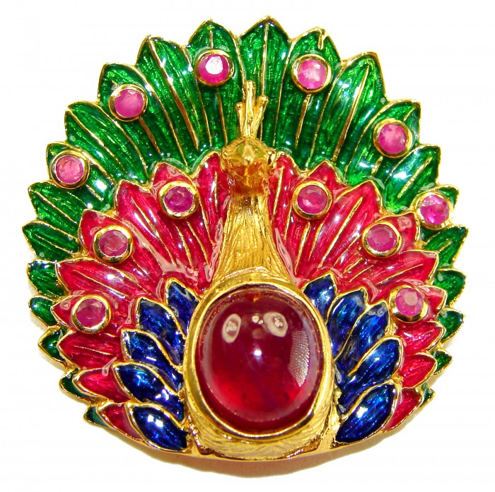 Luxurious Peacock genuine 12.5 carat Ruby Enamel 22K Gold over .925 Sterling Silver handmade Pendant - Brooch - Peacock design with ruby and enamel on 22K gold, front view.