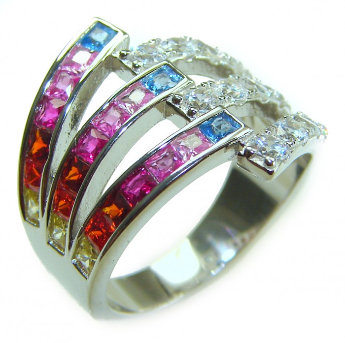 My own Rainbow - authentic 8.7 carat multigem .925 Sterling Silver Eternity Ring size 6 - Side view of multigem sterling silver ring with rainbow stones