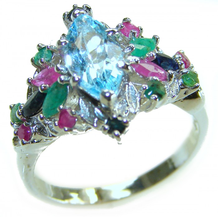 Emily 8.5 carat Swiss Aquamarine Ruby Emerald .925 Sterling Silver handmade Statement Ring size 7 - Ring with aquamarine center, emeralds, rubies; colorful gemstone close-up.