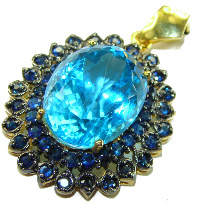 Vintage style oval cut 26.8 carat Swiss Blue Topaz .925 Sterling Silver DIPPED IN 22K Gold handmade Pendant - Close-up of vintage oval Swiss Blue Topaz pendant with sapphire accents