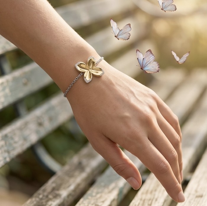 Lotus White Topaz highly polished 18K Gold over .925 Sterling Silver Italy made bracelet - Worn on hand, Lotus bracelet with topaz and gold detailing.