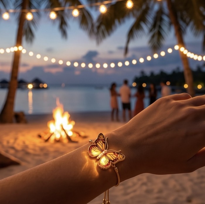 Golden Butterfly Genuine carved Baltic Amber 18K Gold over .925 Sterling Silver handamde Bracelet - Golden butterfly amber bracelet worn on hand at beach bonfire gathering