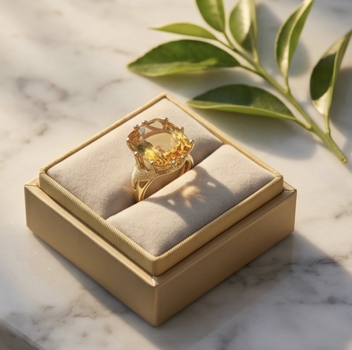 Liliana 25.5 carat Champagne Smoky Topaz .925 Sterling Silver dipped in real 18K Gold Oversized Ring size 8 - Topaz ring in box, top view with natural lighting and leaf accent