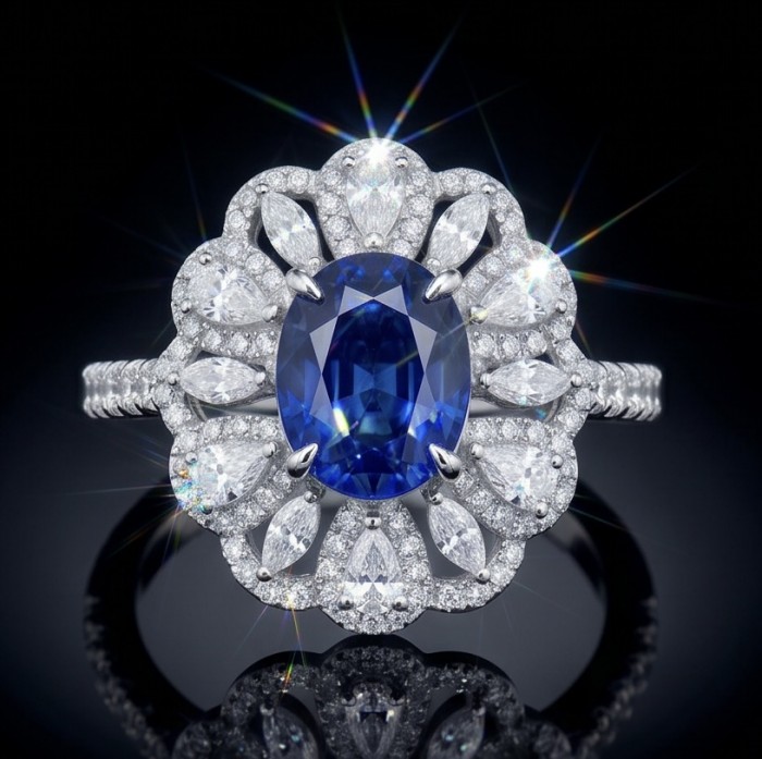 Authentic 4.5 carat Kyanite Moissanite .925 Sterling Silver handcrafted Ring size 9 - Close-up of kyanite ring with moissanite accents and sterling silver band