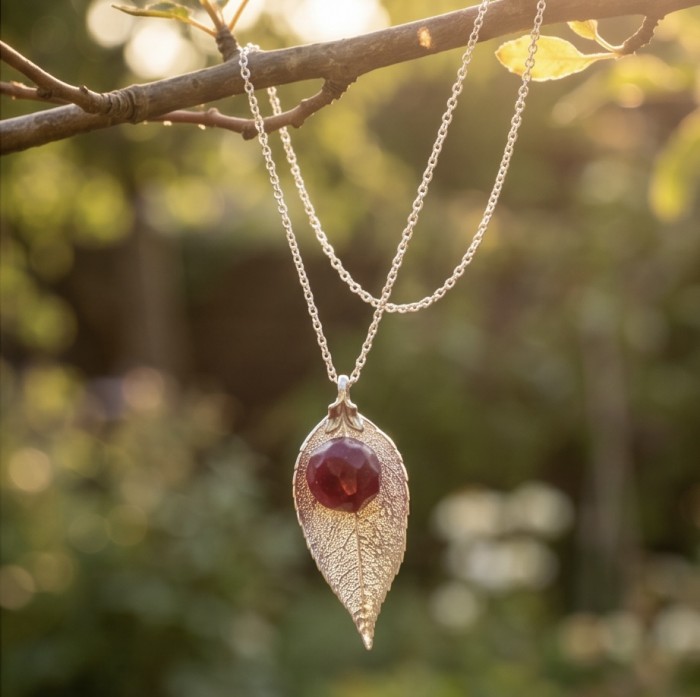 Stylish REAL Leaf dipped in gold Ruby .925 Sterling Silver and Copper Pendant - Elegant leaf necklace with ruby, silver chain, hanging on a branch