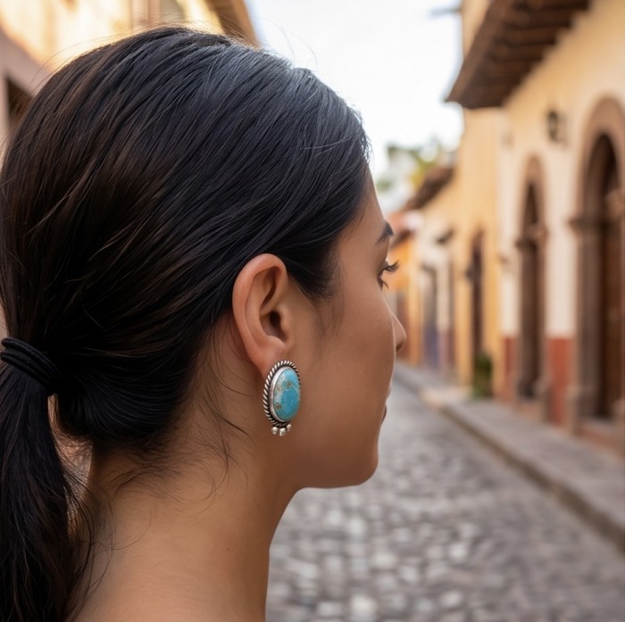 Great authentic Sleeping Beauty Turquoise .925 Sterling Silver handcrafted Earrings - Side view of woman wearing Sleeping Beauty Turquoise sterling earrings