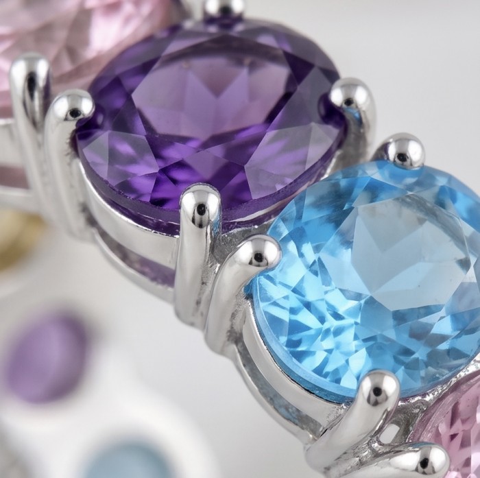 My own Rainbow - authentic 12.7 carat multigem .925 Sterling Silver Eternity Ring size 7 - Close-up of multigem stones in .925 sterling silver setting