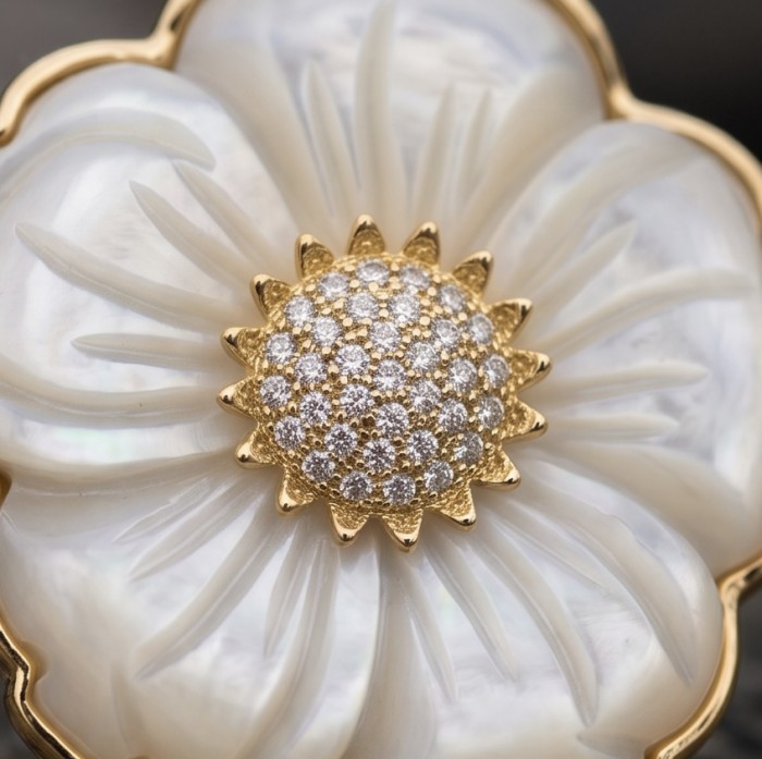 BLOOMING FLOWERS Genuine Blister Pearl 0.2 CARAT lab grown Diamond 18K Gold over .925 Sterling Silver handcrafted Statement Earrings - Close-up of BLOOMING FLOWERS pearl jewelry with gold and diamonds