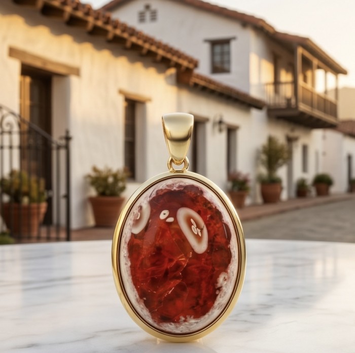 Inner Fire Natural 27.2 carat Mexican Fire Opal .925 Sterling Silver dipped in 18K Gold handmade Pendant - Mexican Fire Opal pendant, close-up with building backdrop