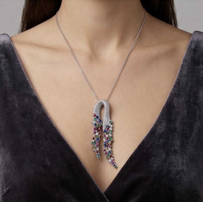Heirloom Genuine 10.5 carat Multigem .925 Sterling Silver dipped in rhodium handmade Pendant - Pendant necklace worn, showcasing multigem design on sterling silver.