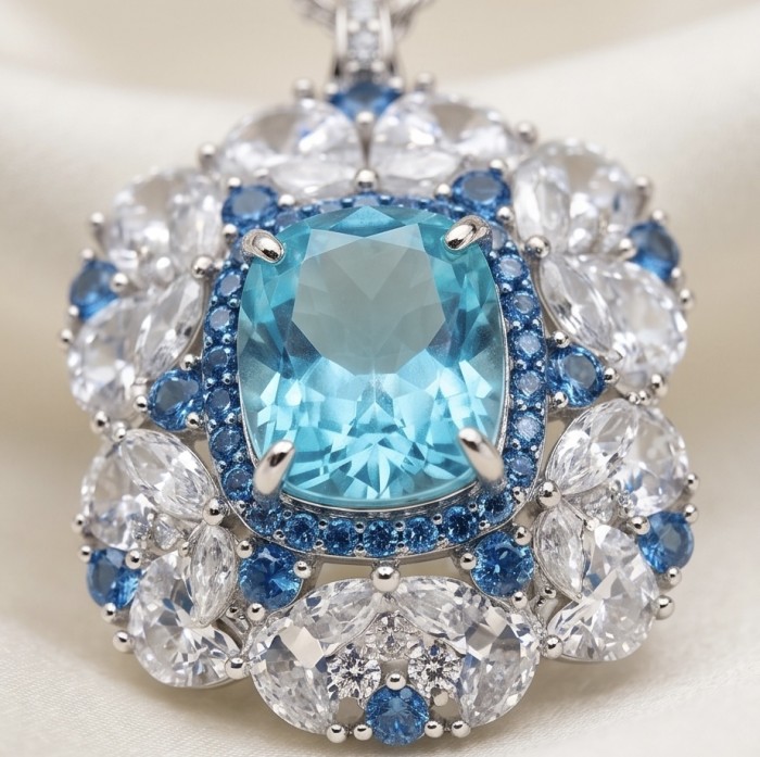 Mademoiselle - 21.5 carat natural Swiss Blue Topaz .925 Sterling Silver dipped in Rhodium handcrafted Necklace - Stone close-up of Mademoiselle 21.5 ct Swiss Blue Topaz in .925 Ste.